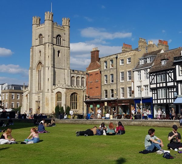 Walking Tour of Cambridge: View of King's Parade from King's College's front lawn, Cambridge, September 2020